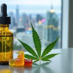 Unbranded amber dropper bottle and plain sealed pouch with hemp gummies beside a cannabis leaf on a table, with the Toronto skyline and CN Tower softly blurred through a window under overcast light.