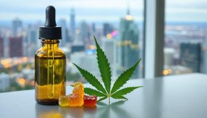 Unbranded amber dropper bottle and plain sealed pouch with hemp gummies beside a cannabis leaf on a table, with the Toronto skyline and CN Tower softly blurred through a window under overcast light.