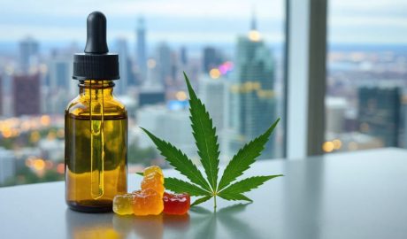 Unbranded amber dropper bottle and plain sealed pouch with hemp gummies beside a cannabis leaf on a table, with the Toronto skyline and CN Tower softly blurred through a window under overcast light.