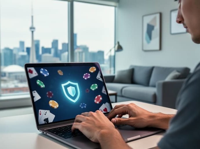 Adult at a desk using a laptop with a subtle casino interface and glowing shield icon, soft daylight, Toronto skyline with the CN Tower blurred through the window in the background.