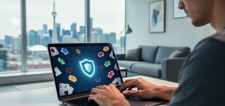 Adult at a desk using a laptop with a subtle casino interface and glowing shield icon, soft daylight, Toronto skyline with the CN Tower blurred through the window in the background.