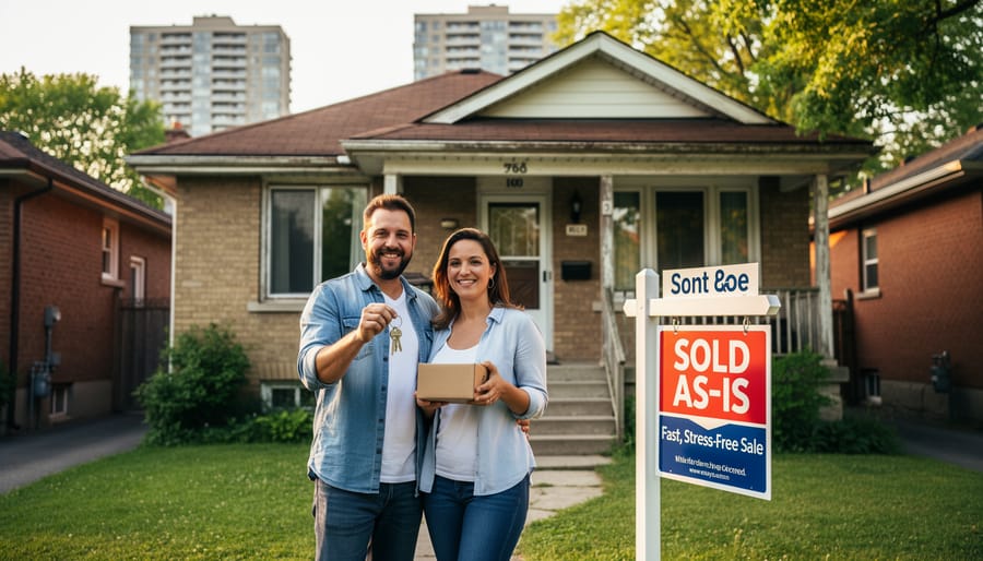 Senior couple celebrating successful as-is home sale on their Toronto property porch