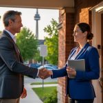 Homeowner and real estate agent shake hands on the porch of a slightly worn red-brick semi-detached Toronto house at golden hour, with the CN Tower softly blurred in the background.