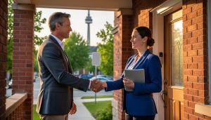 Homeowner and real estate agent shake hands on the porch of a slightly worn red-brick semi-detached Toronto house at golden hour, with the CN Tower softly blurred in the background.