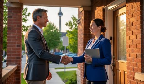 Homeowner and real estate agent shake hands on the porch of a slightly worn red-brick semi-detached Toronto house at golden hour, with the CN Tower softly blurred in the background.