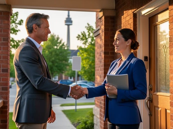 Homeowner and real estate agent shake hands on the porch of a slightly worn red-brick semi-detached Toronto house at golden hour, with the CN Tower softly blurred in the background.