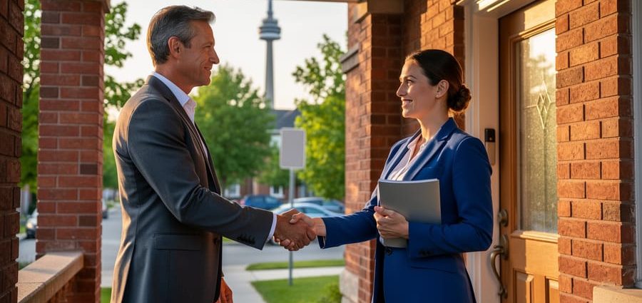 Homeowner and real estate agent shake hands on the porch of a slightly worn red-brick semi-detached Toronto house at golden hour, with the CN Tower softly blurred in the background.
