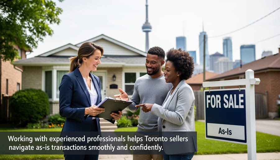 Real estate professionals and homeowners completing as-is sale agreement with handshake