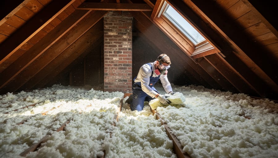 Contractor installing spray foam insulation in home attic between wooden joists