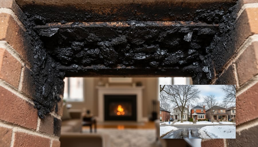 Interior view of chimney showing dangerous creosote buildup on brick walls