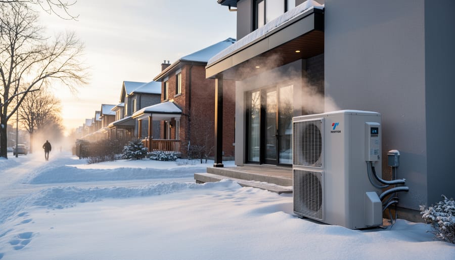 Cold-climate heat pump unit installed on exterior of Toronto brick home in winter