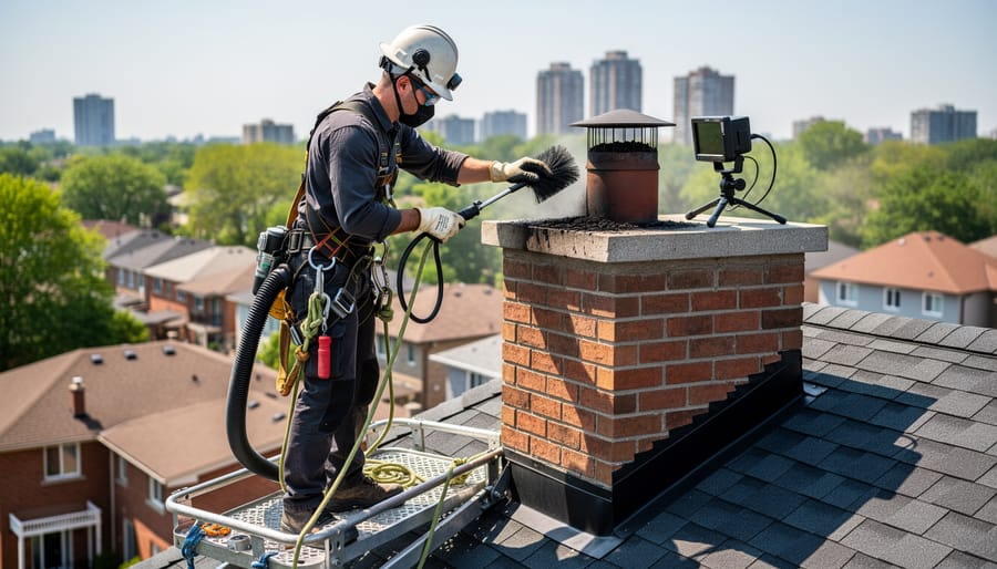 Professional chimney sweep performing cleaning service inside residential fireplace