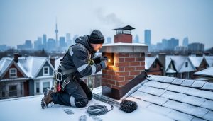 "Chimney sweep in winter gear kneeling on a snow-covered Toronto rooftop, inspecting a red-brick chimney with a flashlight and brush rods while the distant skyline blurs behind."