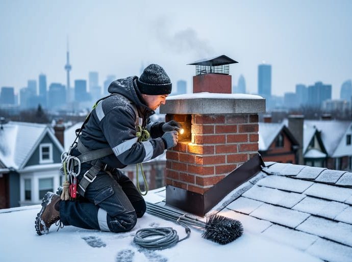 "Chimney sweep in winter gear kneeling on a snow-covered Toronto rooftop, inspecting a red-brick chimney with a flashlight and brush rods while the distant skyline blurs behind."