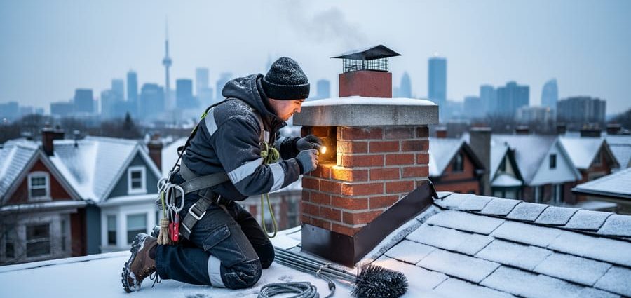 "Chimney sweep in winter gear kneeling on a snow-covered Toronto rooftop, inspecting a red-brick chimney with a flashlight and brush rods while the distant skyline blurs behind."