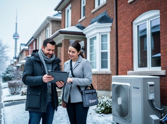 Homeowner and energy advisor stand outside a brick Toronto semi-detached house, reviewing a tablet beside an air-source heat pump in soft overcast winter light, with snow-dusted trees and a faint CN Tower silhouette in the background.