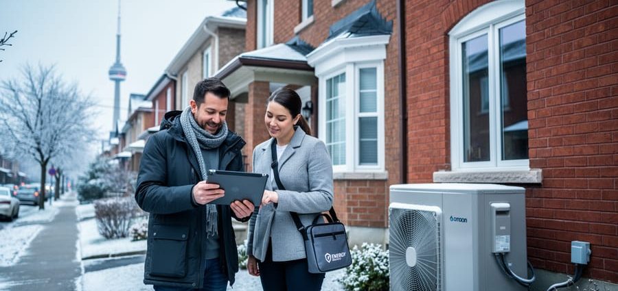 Homeowner and energy advisor stand outside a brick Toronto semi-detached house, reviewing a tablet beside an air-source heat pump in soft overcast winter light, with snow-dusted trees and a faint CN Tower silhouette in the background.