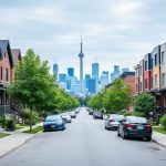 Eye-level view of a Toronto residential street with brick semi-detached homes and townhouses in the foreground and the downtown skyline with the CN Tower in the background under bright overcast light.