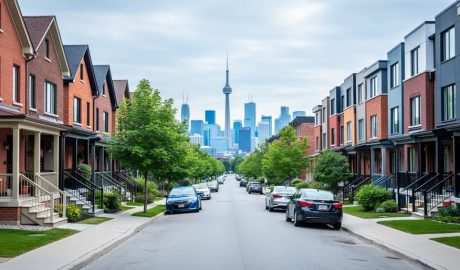 Eye-level view of a Toronto residential street with brick semi-detached homes and townhouses in the foreground and the downtown skyline with the CN Tower in the background under bright overcast light.