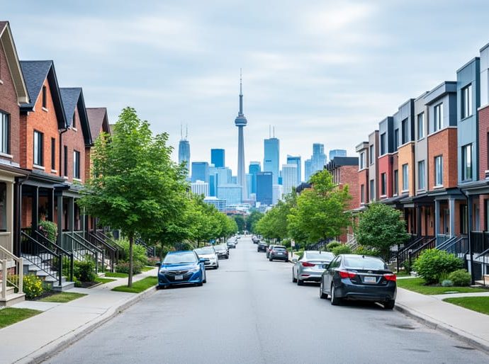 Eye-level view of a Toronto residential street with brick semi-detached homes and townhouses in the foreground and the downtown skyline with the CN Tower in the background under bright overcast light.
