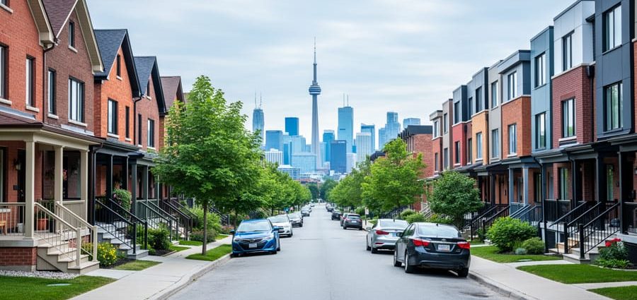 Eye-level view of a Toronto residential street with brick semi-detached homes and townhouses in the foreground and the downtown skyline with the CN Tower in the background under bright overcast light.