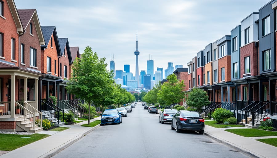 Eye-level view of a Toronto residential street with brick semi-detached homes and townhouses in the foreground and the downtown skyline with the CN Tower in the background under bright overcast light.