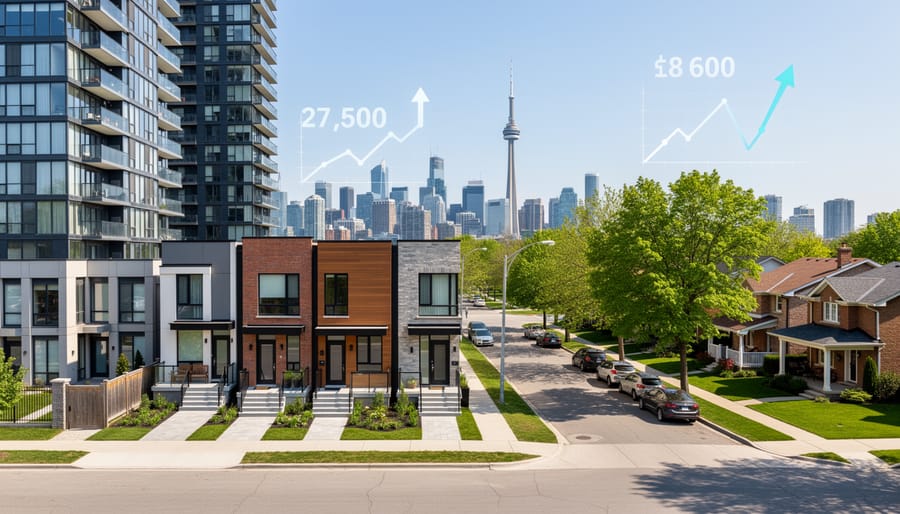 Toronto residential street showing variety of housing types including detached homes, townhouses, and condos