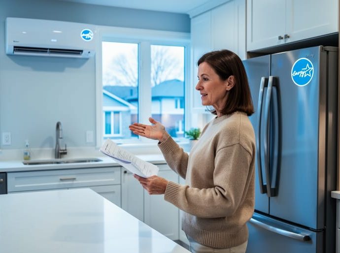 Toronto homeowner reviewing rebate paperwork in a modern kitchen near energy-efficient appliances and a visible heat pump unit outdoors.