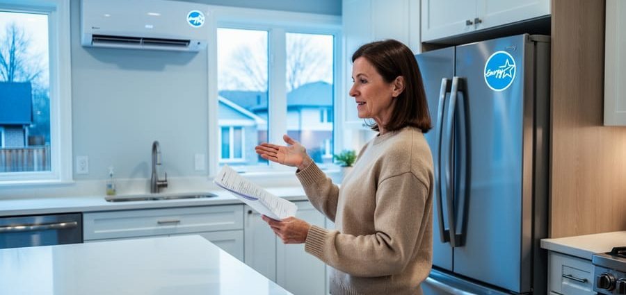 Toronto homeowner reviewing rebate paperwork in a modern kitchen near energy-efficient appliances and a visible heat pump unit outdoors.