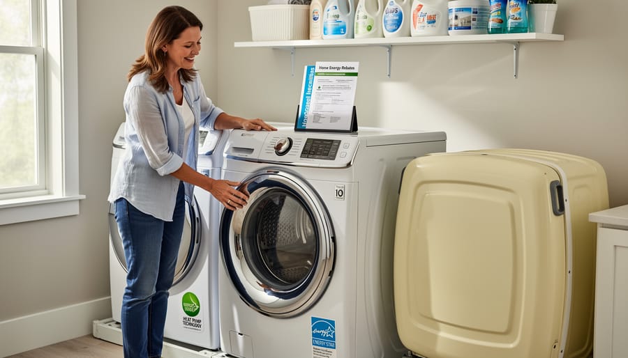 Homeowner installing a new energy-efficient heat pump clothes dryer in a Toronto home laundry room