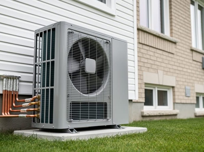 Outdoor 2-ton heat pump unit installed next to a Toronto-style home, illustrating residential HVAC installation context.