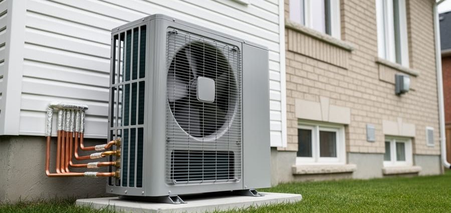 Outdoor 2-ton heat pump unit installed next to a Toronto-style home, illustrating residential HVAC installation context.