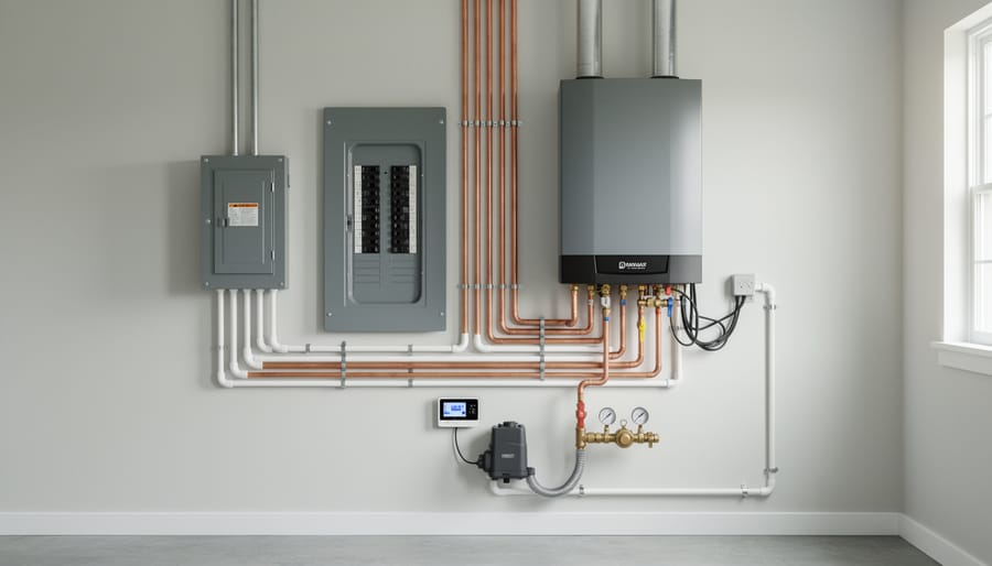Clean utility closet showing HVAC-related electrical components and thermostat