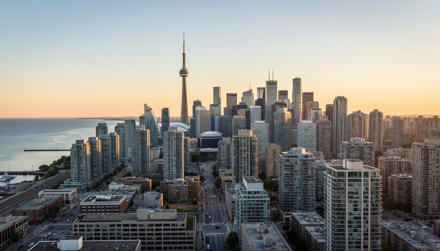 Downtown Toronto condominium towers at dusk with warm lights in building windows
