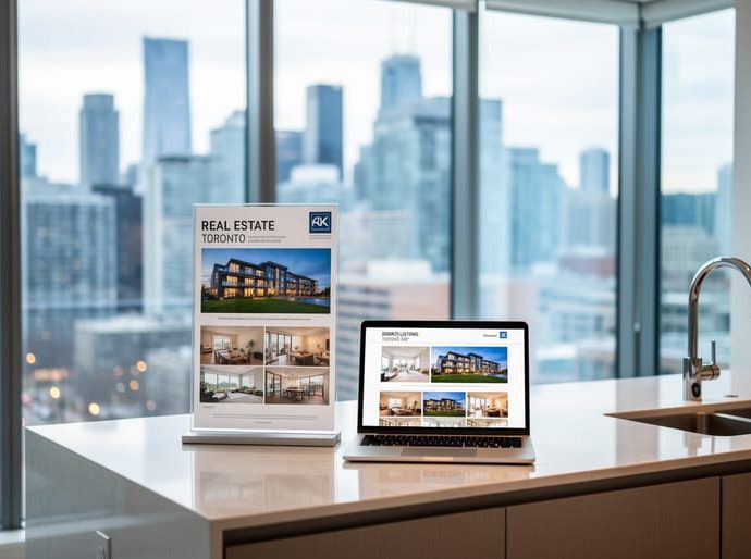 Modern condo interior with a listing display board and laptop, with the Toronto downtown skyline visible through large windows in soft focus.