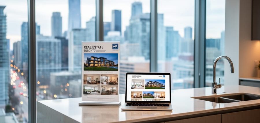 Modern condo interior with a listing display board and laptop, with the Toronto downtown skyline visible through large windows in soft focus.