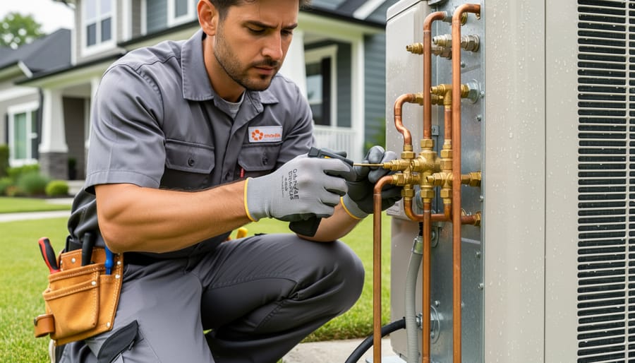 HVAC technician inspecting insulated refrigerant line connections near a heat pump outdoor unit
