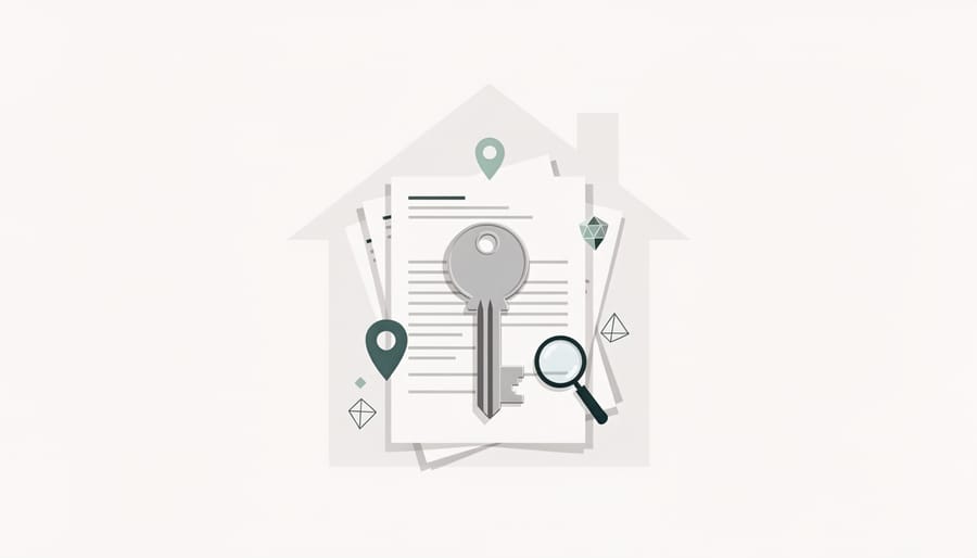Keys and property documents on a table in a staged condo bedroom