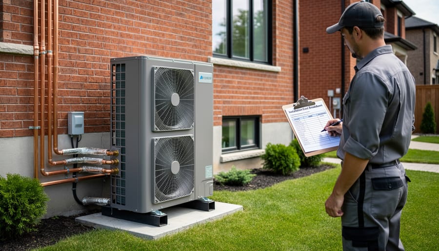 Outdoor air-source heat pump unit installed beside a residential home