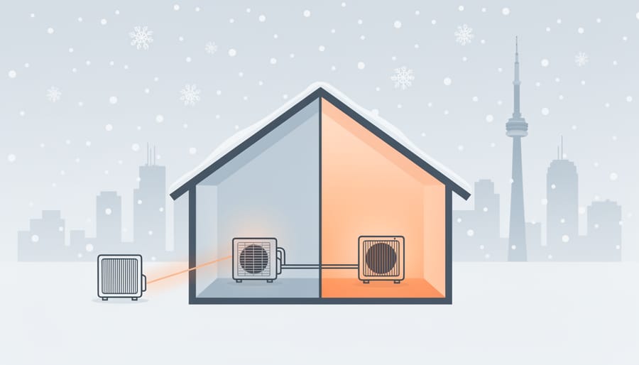 Outdoor heat pump unit in a snowy winter residential yard