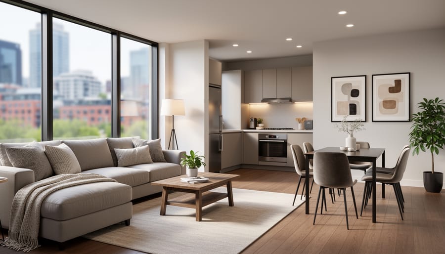 Realtor and buyer viewing a bright downtown condo living room