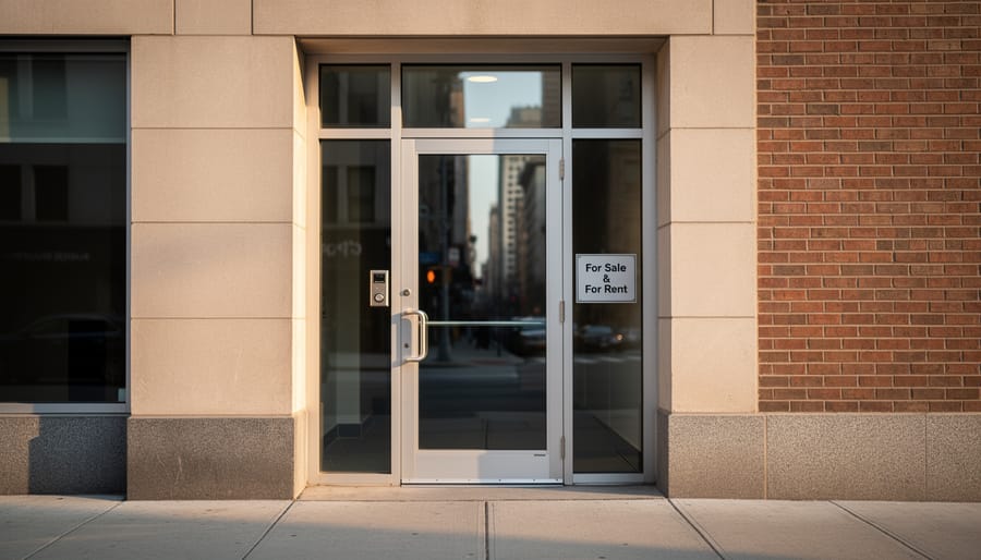 Street-level view of a downtown townhouse entrance with a blank placard sign
