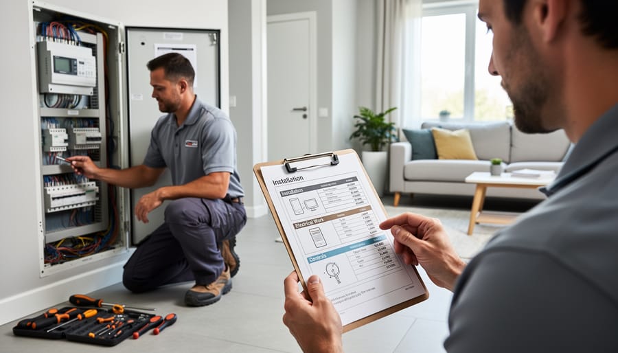 HVAC technician inspecting and wiring components inside a home mechanical closet