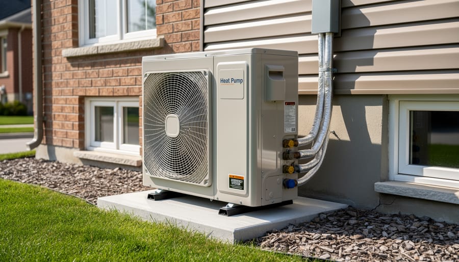 Outdoor air-source heat pump package unit installed beside a residential home