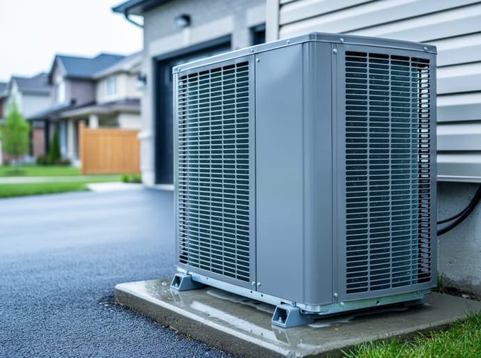 “Outdoor air-source heat pump package unit installed beside a home foundation in Toronto, Canada.”