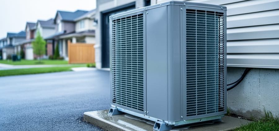 “Outdoor air-source heat pump package unit installed beside a home foundation in Toronto, Canada.”