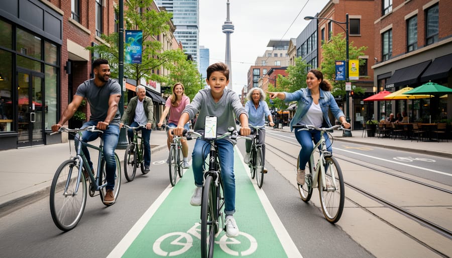 A cyclist riding along a Toronto bike path with trees and a distant skyline in the background.