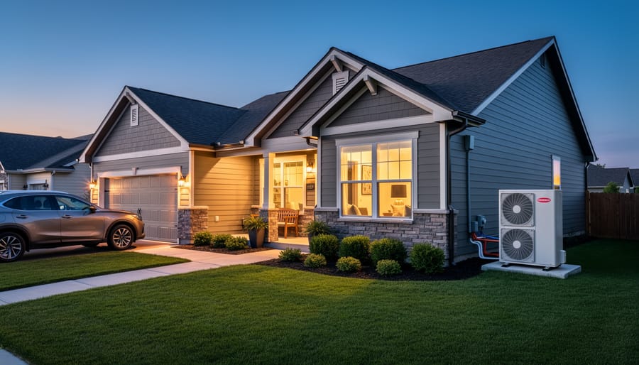 Toronto residential home exterior at dusk with an outdoor heat pump unit visible