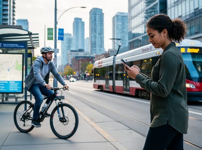 People walking and cycling near a Toronto streetcar stop with a downtown skyline in the background, representing local neighborhood discovery.