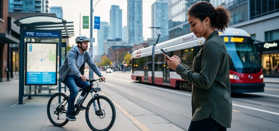 People walking and cycling near a Toronto streetcar stop with a downtown skyline in the background, representing local neighborhood discovery.
